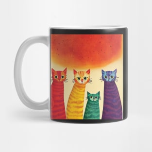 Four Quirky Multicoloured Cats Print. Purple, Red Yellow and Green Mug